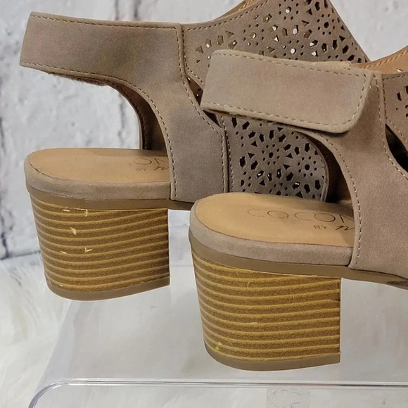 Coconuts Tan Sling Back Peep Toe Stacked Heel Velcro Sandals 8.5 - Picture 5 of 11